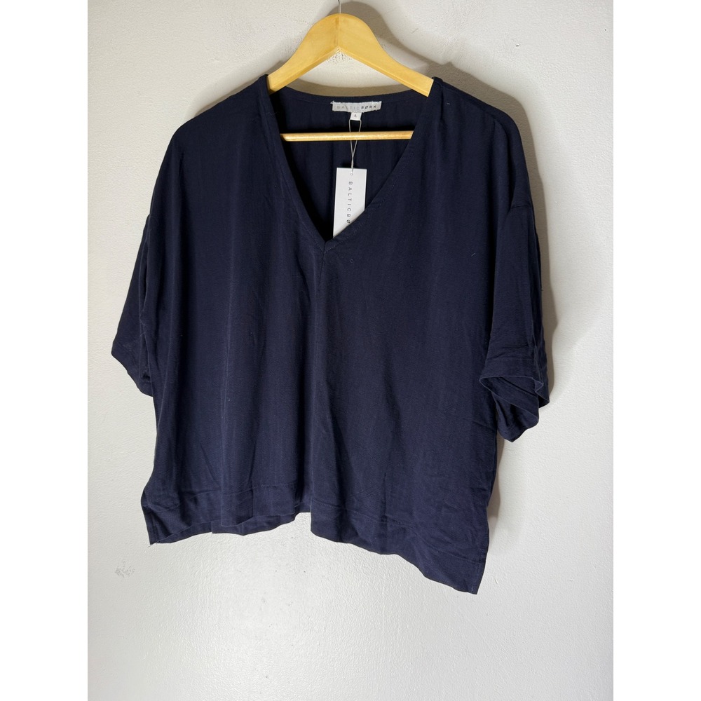 Baltic Born Navy Blue V-Neck Linen Blend Short Sleeve Top Large NWT MST7938-BB